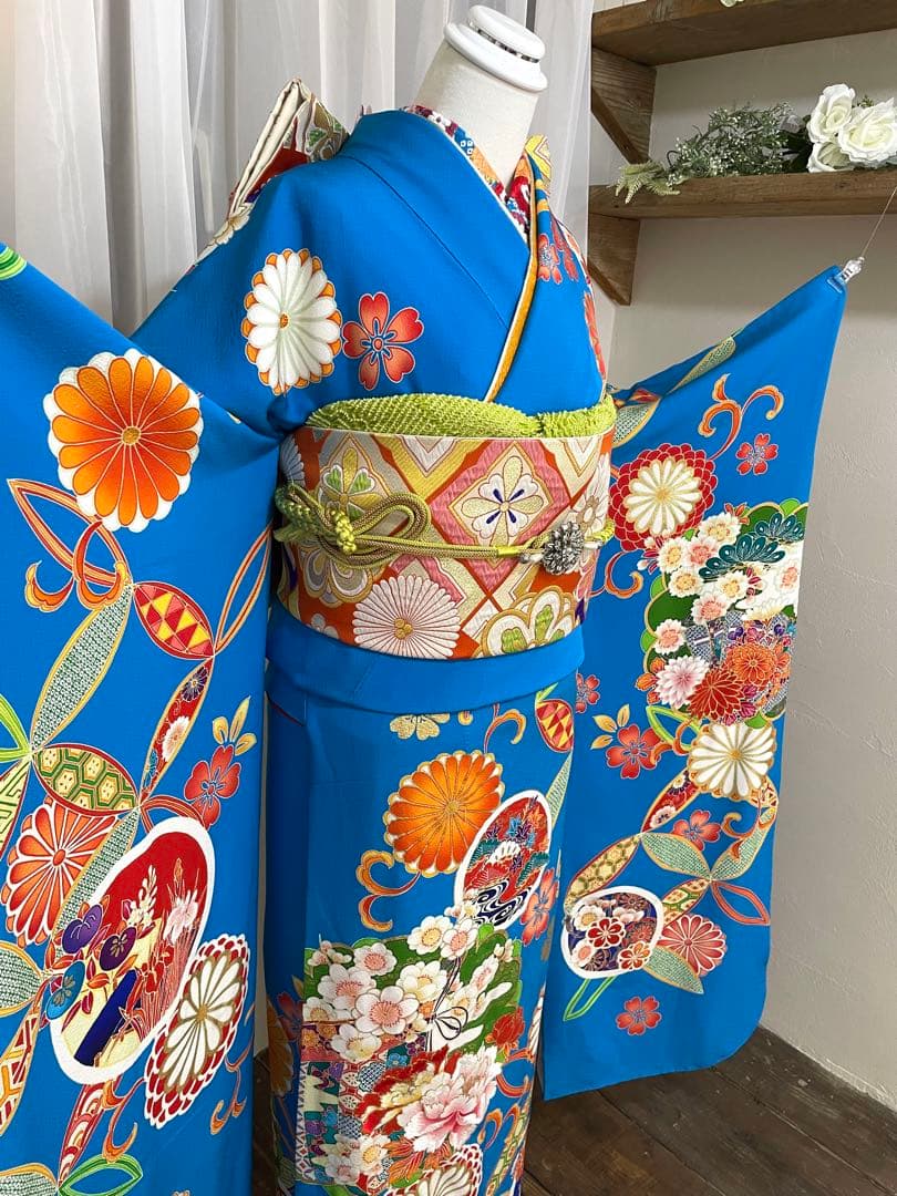 成人式　振袖フルセット　1106 正絹振袖　古典総柄　縮緬　青　オレンジ