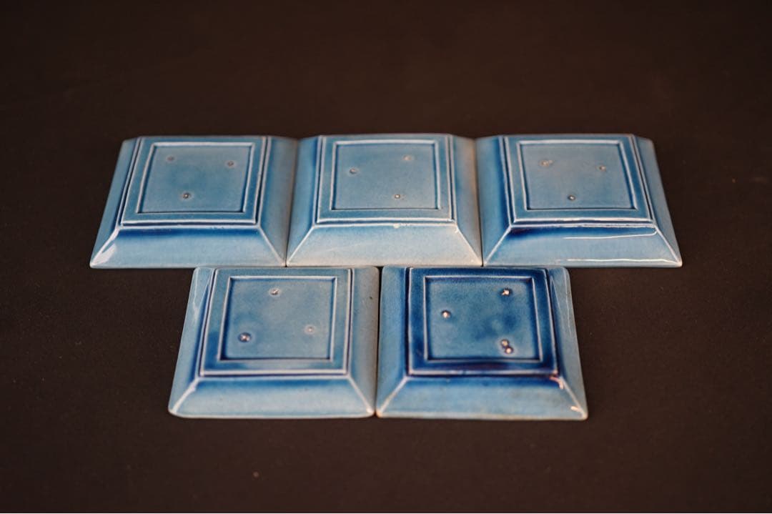 淡路珉平焼 青釉 草文 四方小皿 5客 / 角皿 向付 豆皿 懐石料理道具