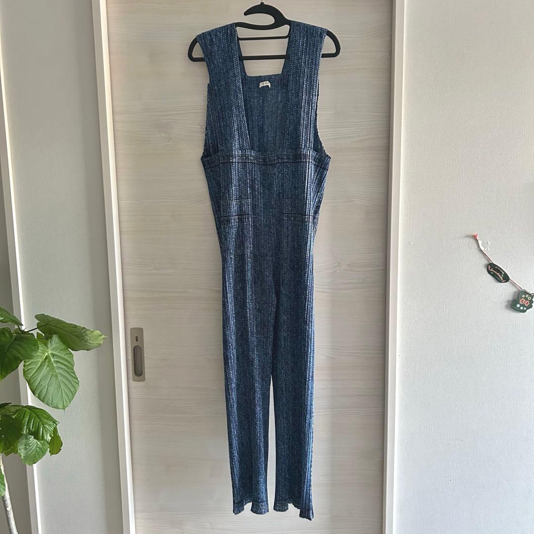 プリーツプリーズ　サロペット　オーバーオール　デニム転写　ブルー