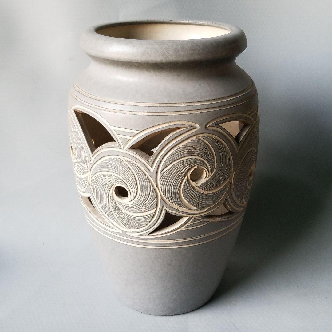 信楽焼傘立て  口つき青透かし 高さ４６cm