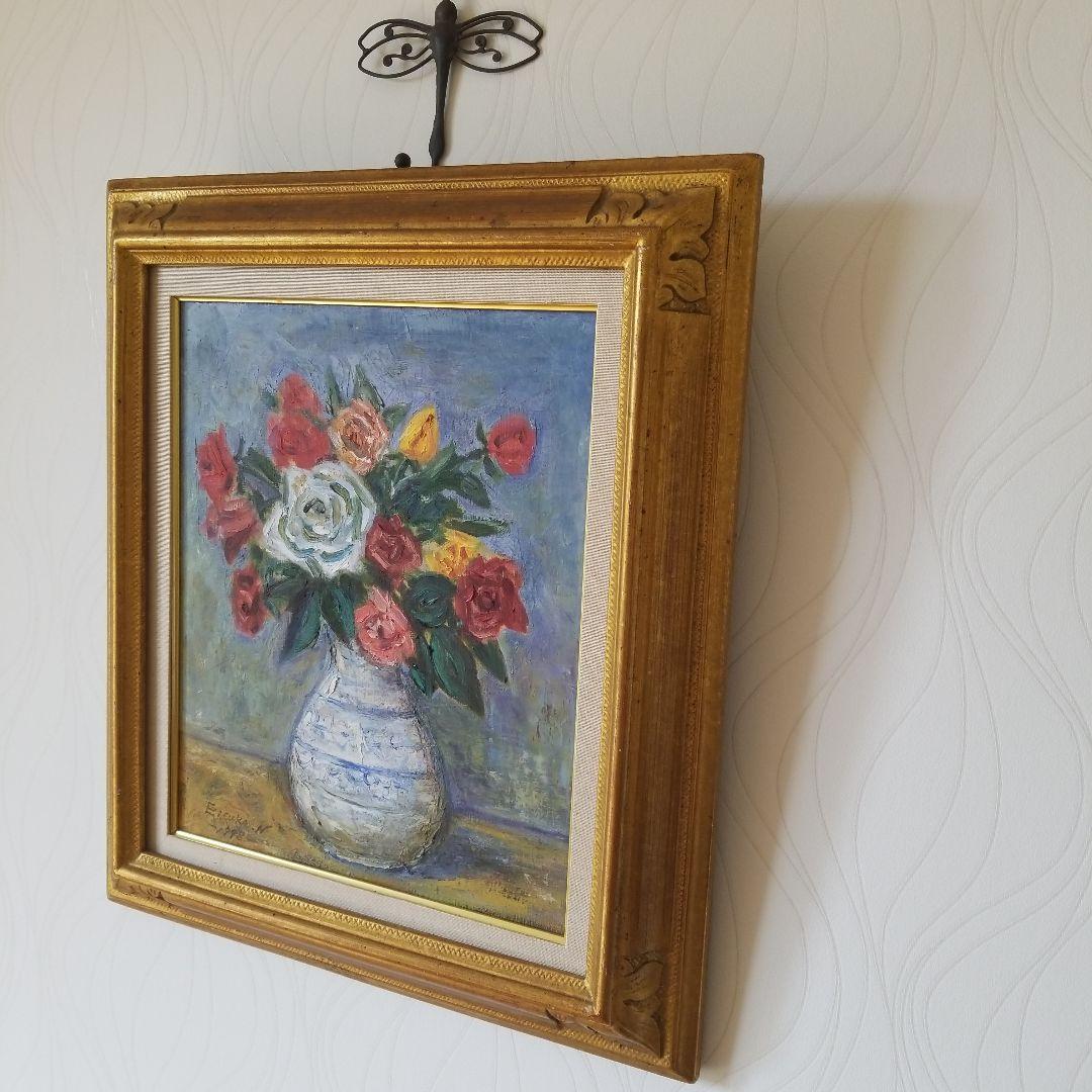 絵画　ばら《薔薇》静物画　油絵　F8 額付き