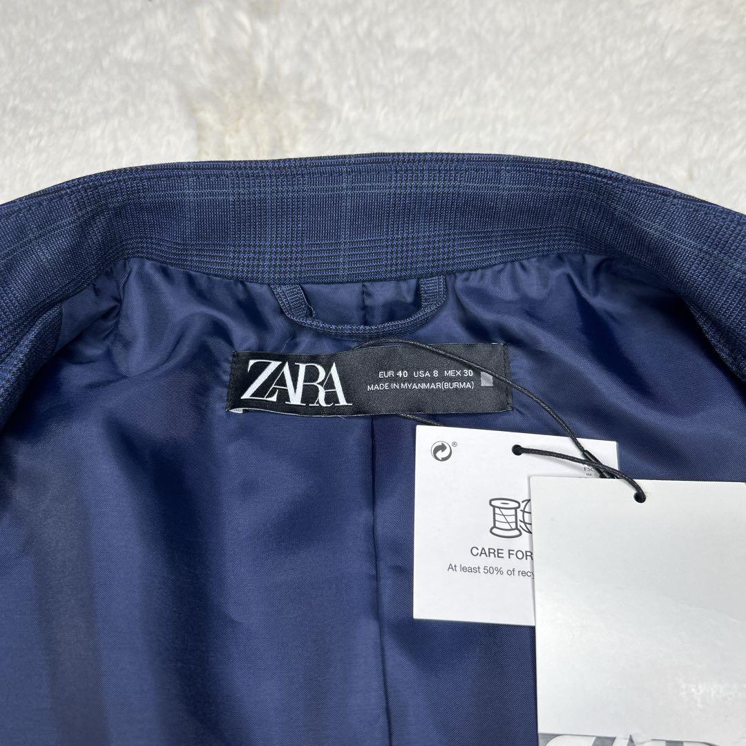 美品✨ZARA ザラ　ノーカラーパンツスーツ　ネイビー チェック 40 洗える