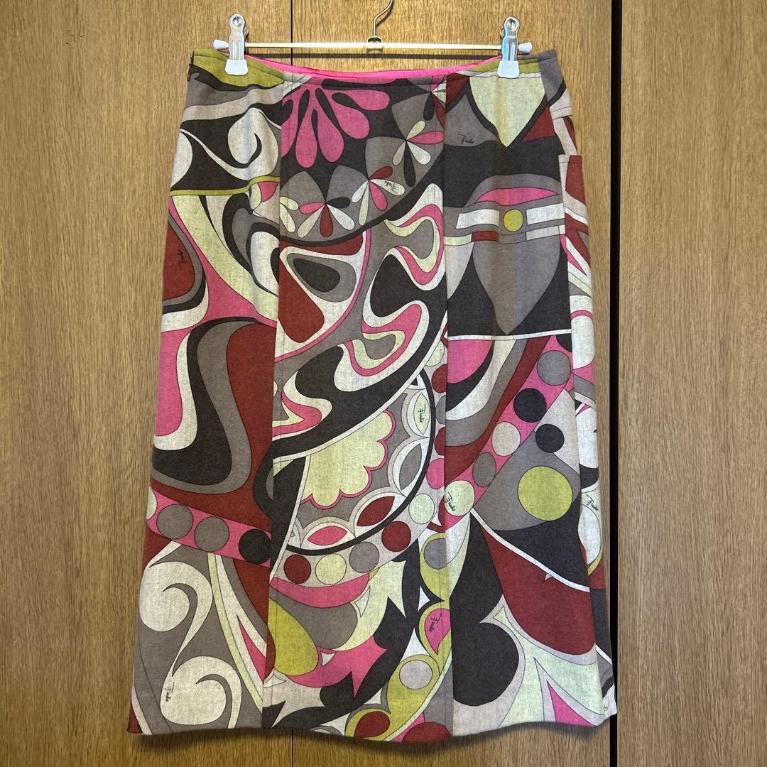 【エミリオプッチ】ピンク系プッチ柄 ウールペンシルスカート 36