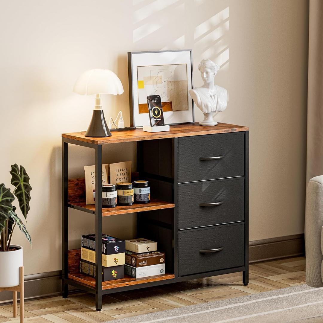 IKIFLY 収納チェスト 棚付き 洋服タンス リビングチェストコンセント付き