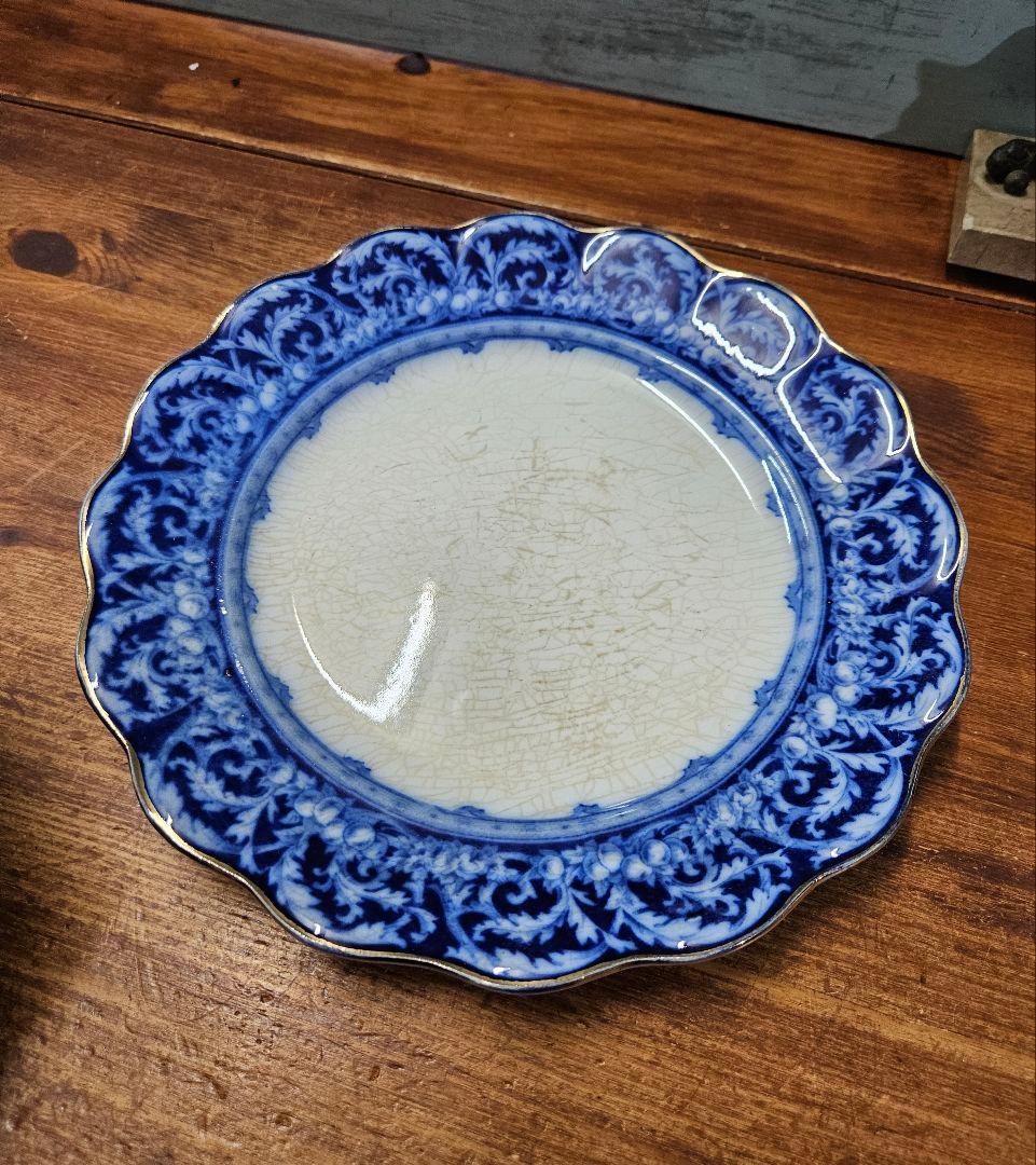 英国アンティーク   フローブルー プレート 青 平皿