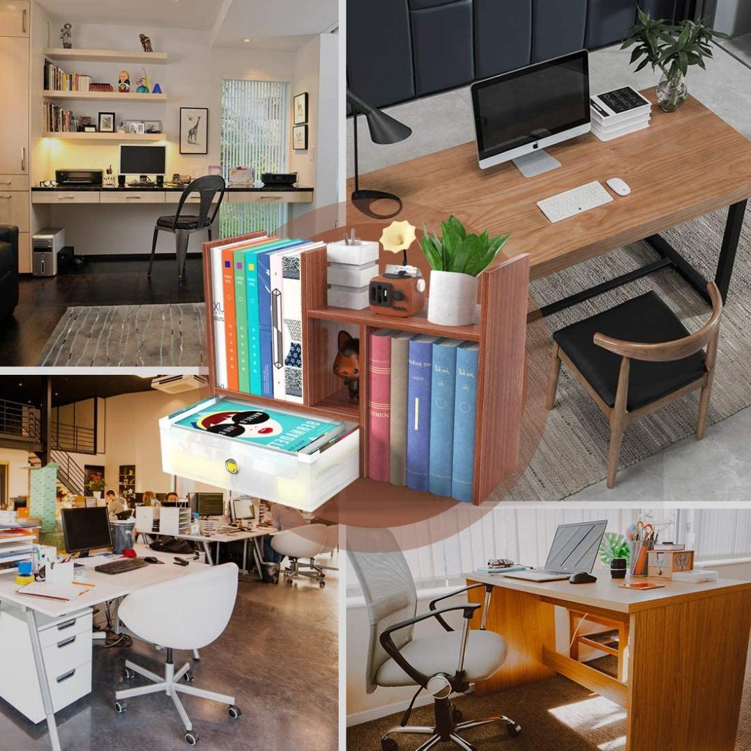 スタイリッシュで実用的！自由に伸縮するデスク上置き棚と本立て