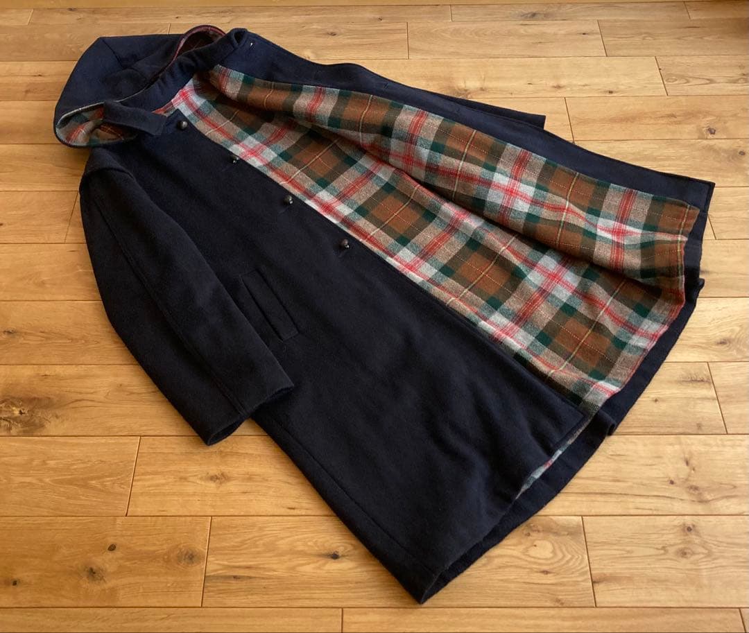 イタリア製 ビンテージ ウールメルトン 2way フーディー ロングコート 紺