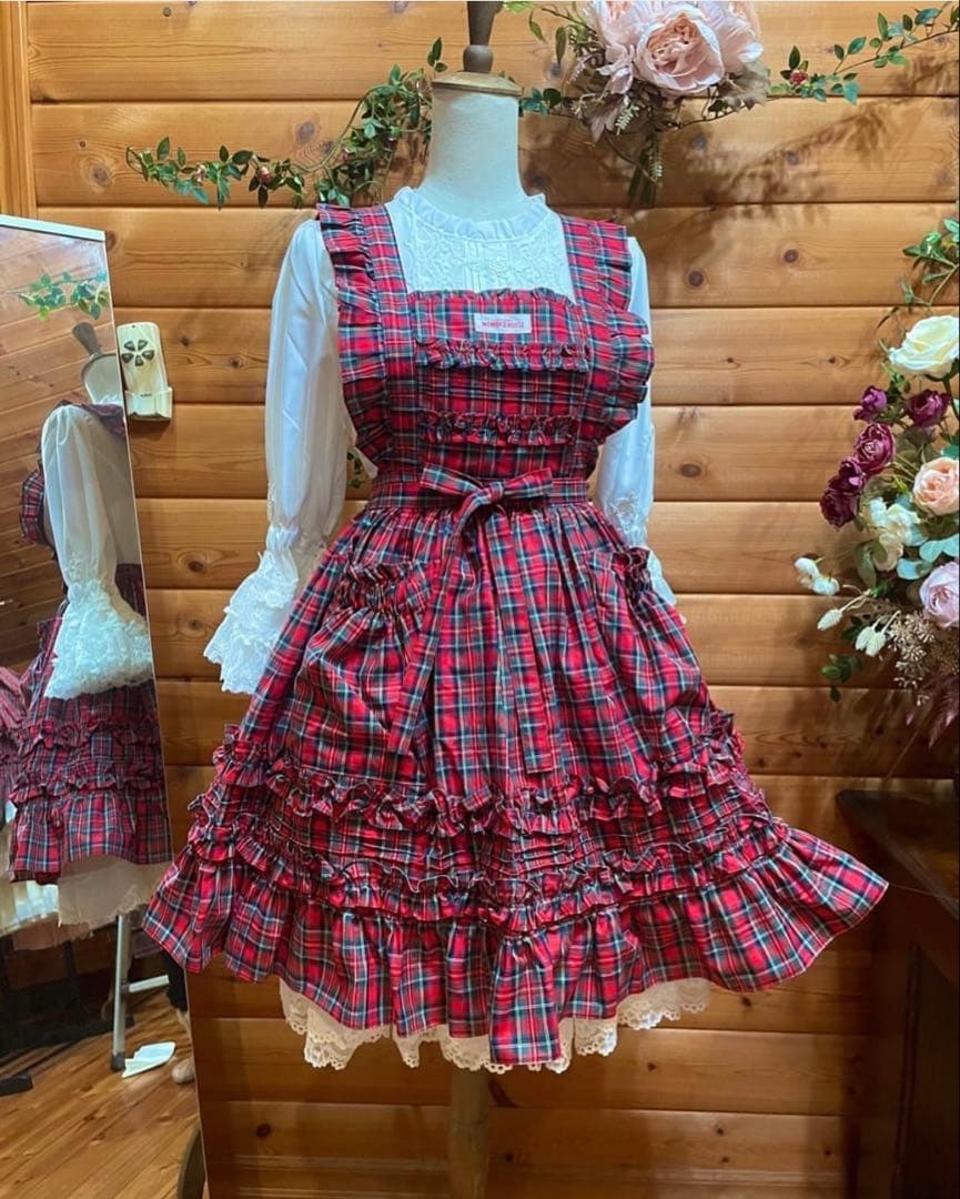 モモコハウス 赤チェック フリルエプロン