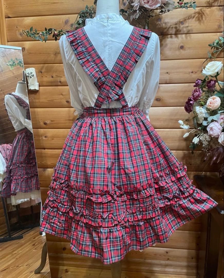 モモコハウス 赤チェック フリルエプロン
