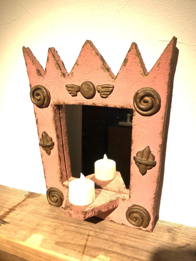 クラフト雑貨★壁掛けミラー鏡★90年代ロンドンで購入！★作家物手作りメルヘン雑貨