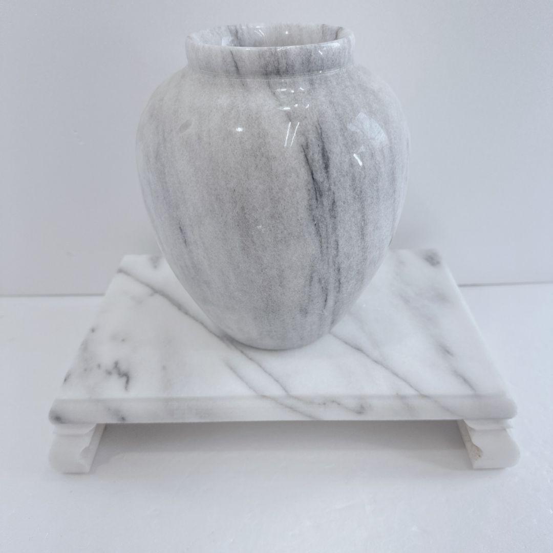大理石 丸型花瓶 台座付き 白 灰色 マーブル模様 壺 花器 花台