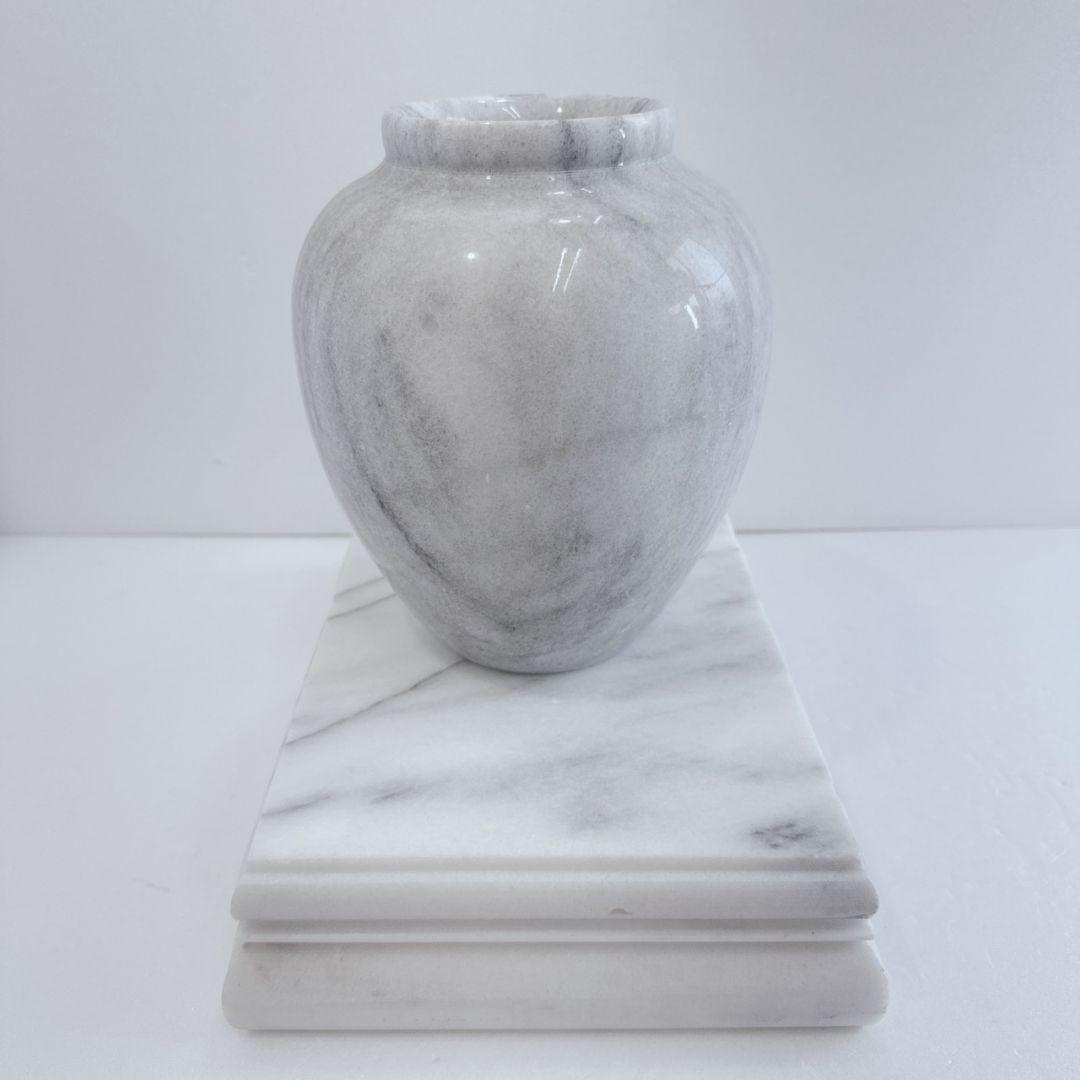 大理石 丸型花瓶 台座付き 白 灰色 マーブル模様 壺 花器 花台