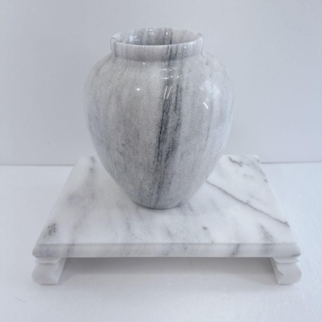 大理石 丸型花瓶 台座付き 白 灰色 マーブル模様 壺 花器 花台