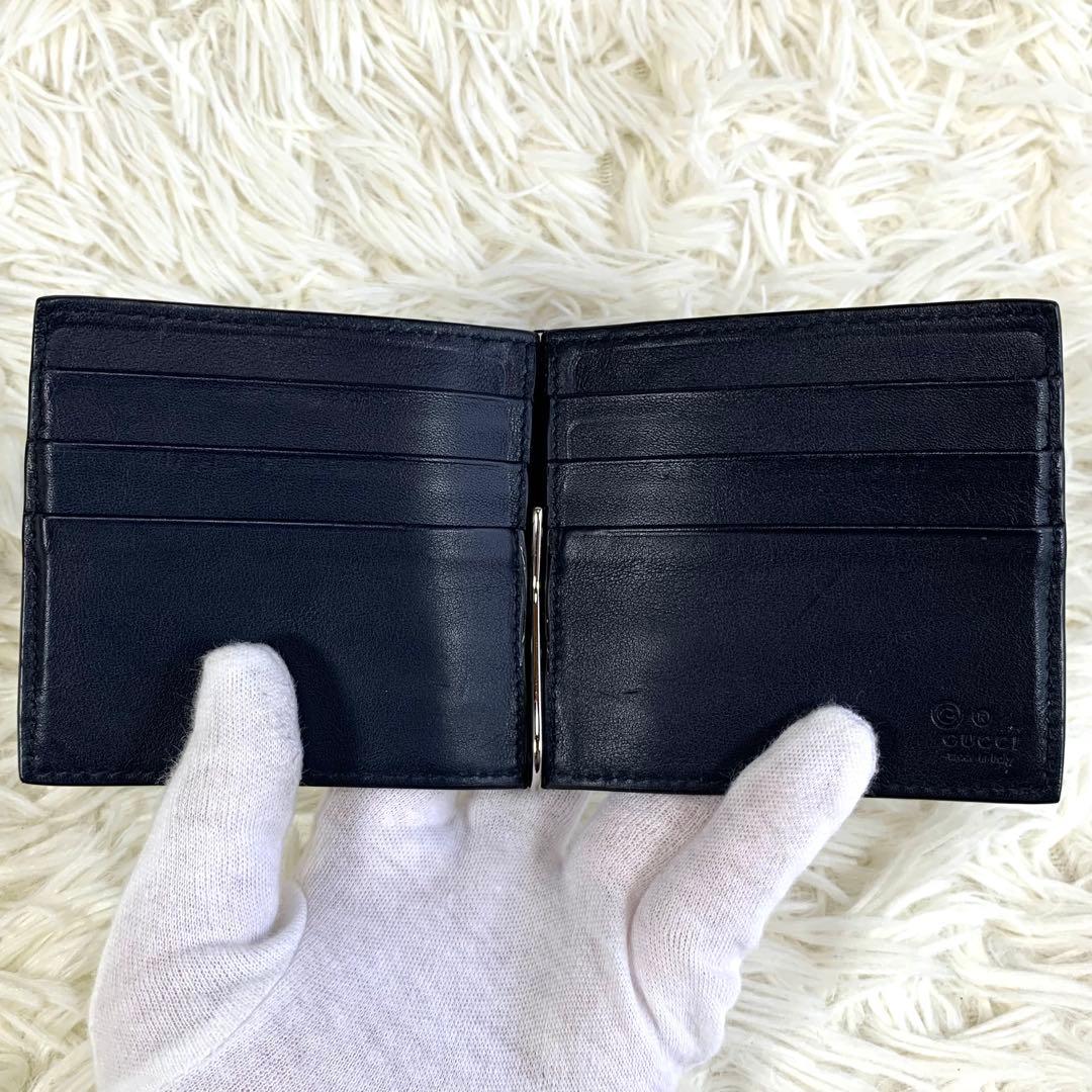 美品ꕥグッチ 折り財布 マネークリップ GG マイクロシマ レザー ネイビー