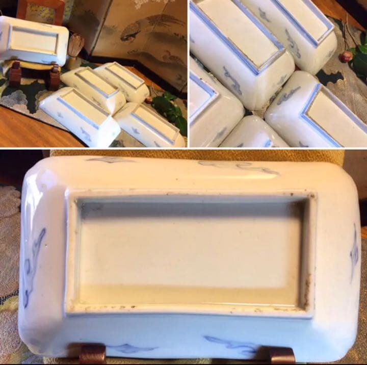 A500 古伊万里　染錦手　籠に鳥　水車草花紋様　隅切長皿　5枚