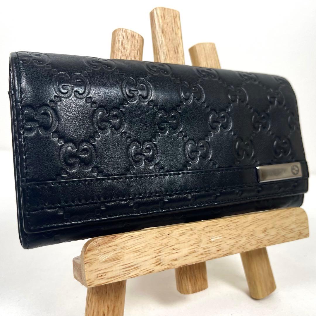 グッチ　ロゴプレート 長財布　GGシマレザー　エンボス加工　本革　ブラック　美品