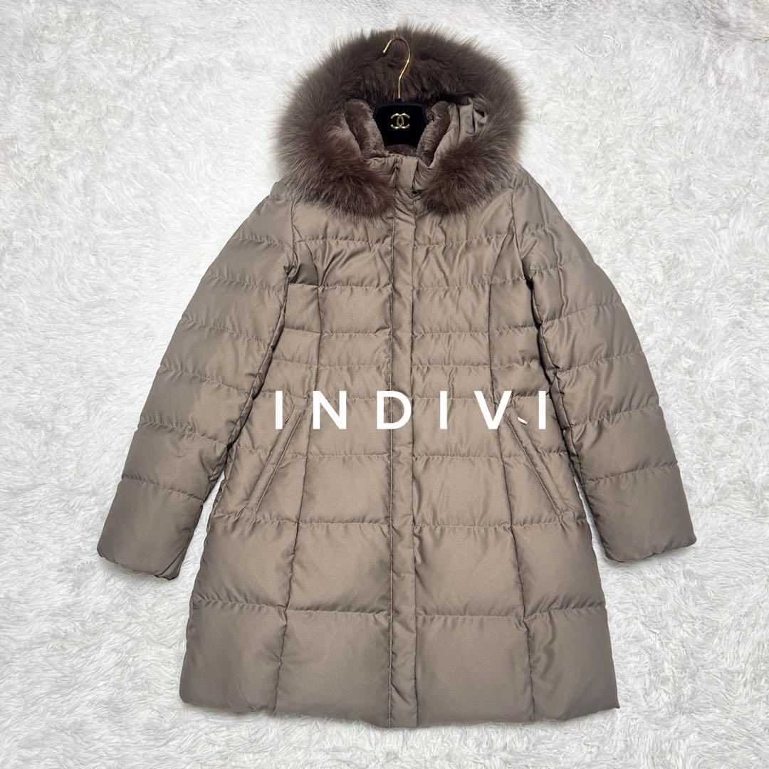 大きめ 美品 INDIVI フーデットファーダウンコートフォックス ロングダウン