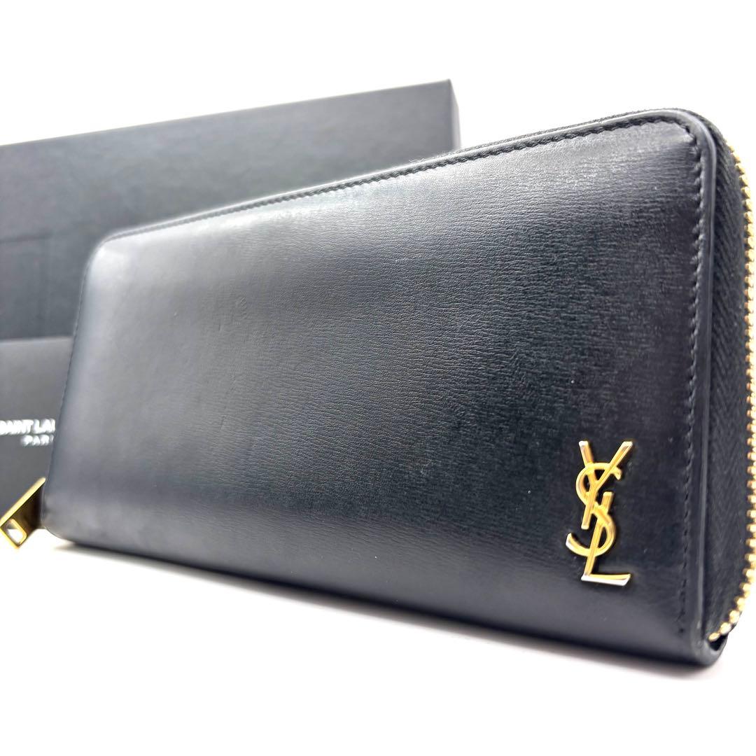 サンローラン 長財布 ラウンドファスナー カサンドラ YSL ロゴ ブラック