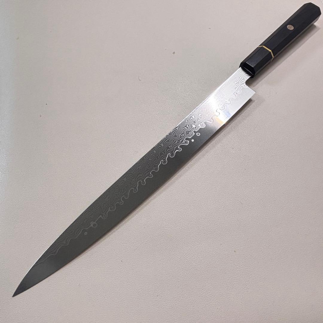 尺300mm 柳刃包丁 墨流しダマスカス　黒檀八角柄　刺身包丁 和包丁 「鞘付き