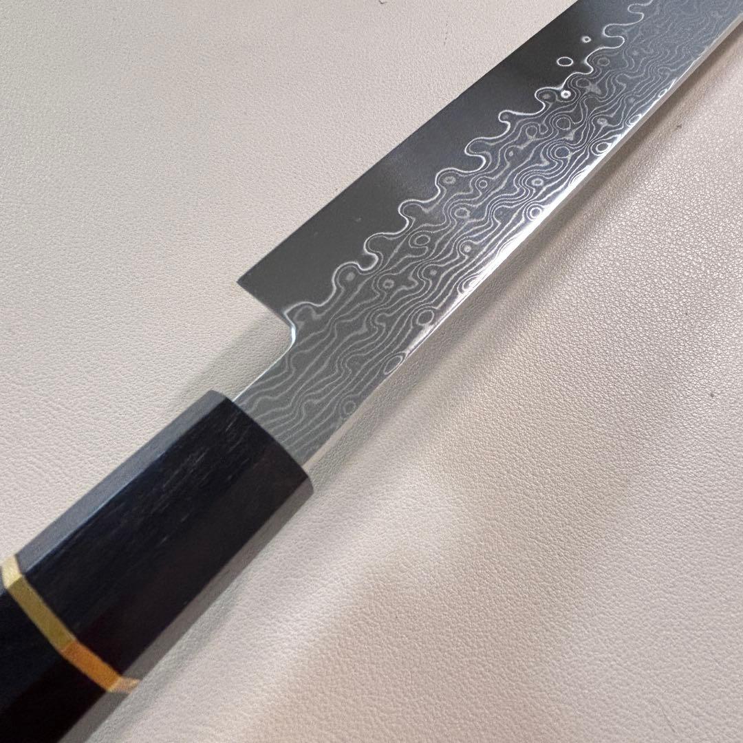 尺300mm 柳刃包丁 墨流しダマスカス　黒檀八角柄　刺身包丁 和包丁 「鞘付き
