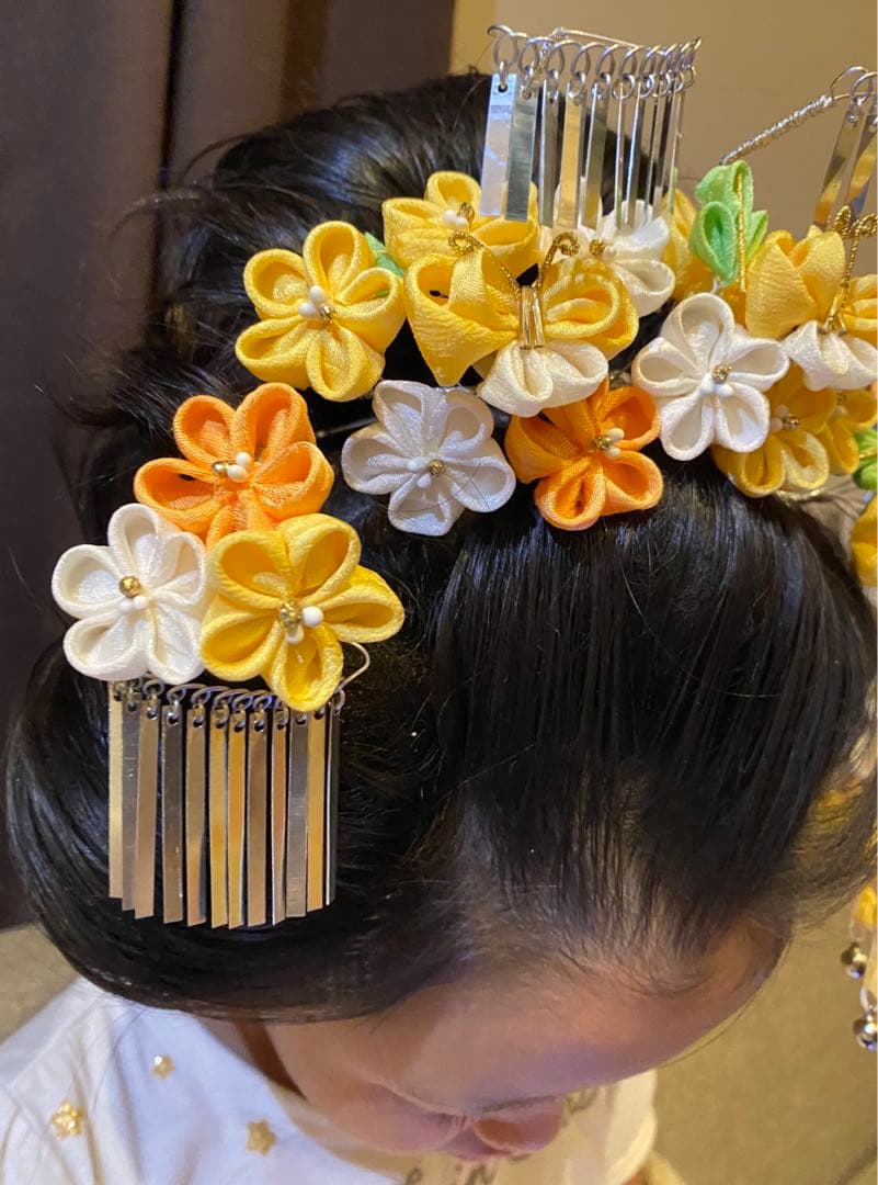 着用画像あり！七五三髪飾り　勝山　正絹　7歳　黄色