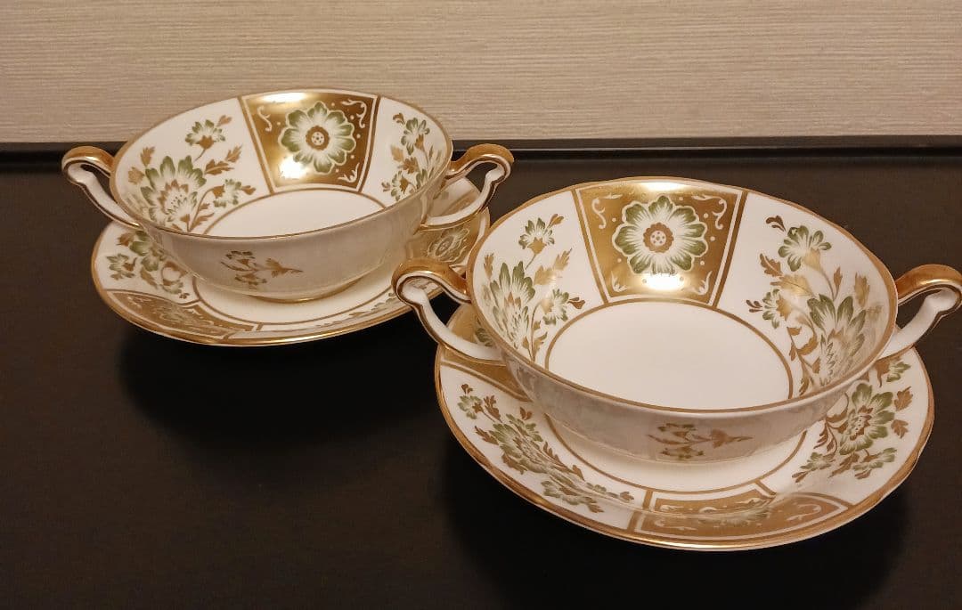 ロイヤルクラウンダービー パネル グリーン スープカップ＆ソーサー①②