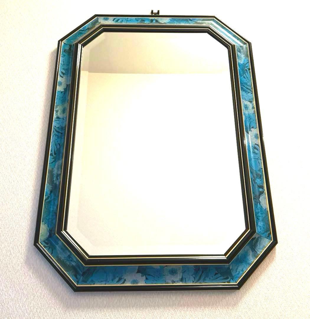 たのメル便発送♪ ヴィンテージ　八角形 壁掛け鏡 青花に黒と金のデザイン