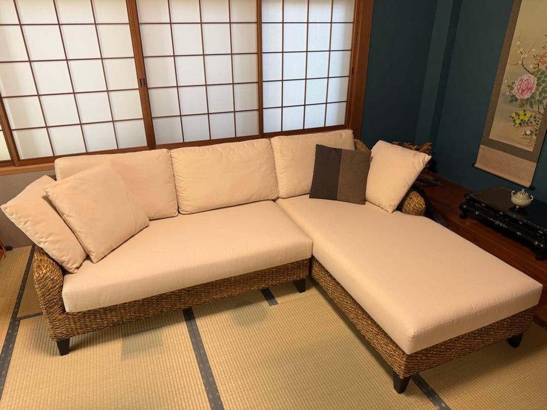 ラタン L字型ソファセットとコーヒーテーブル