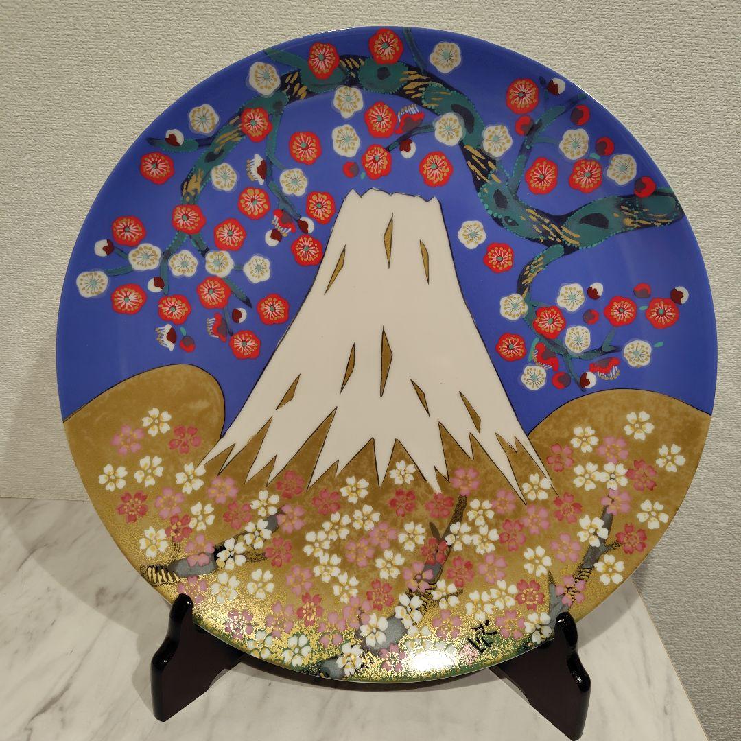飾り皿　原画は平松礼二画伯　企業名や裏書きあり　桐箱　スタンド付き