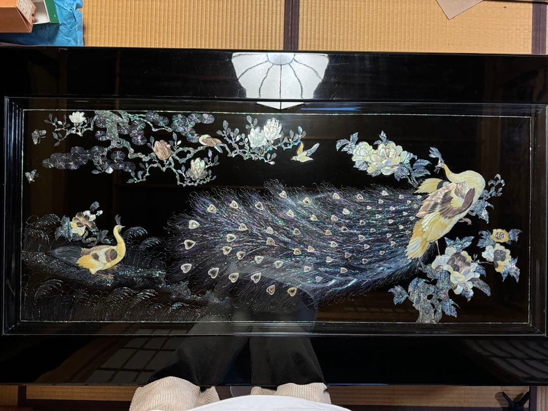 螺鈿細工　ローテーブル　伝統工芸　黒漆塗り　硝子板付き