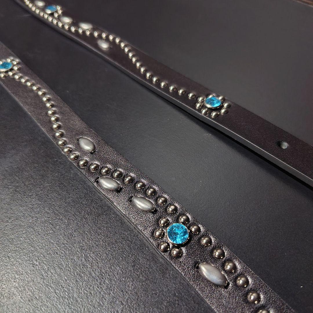 フラワー青■本革レザーフルスタッズナローベルト☆シルバーアクアマリンフローラル