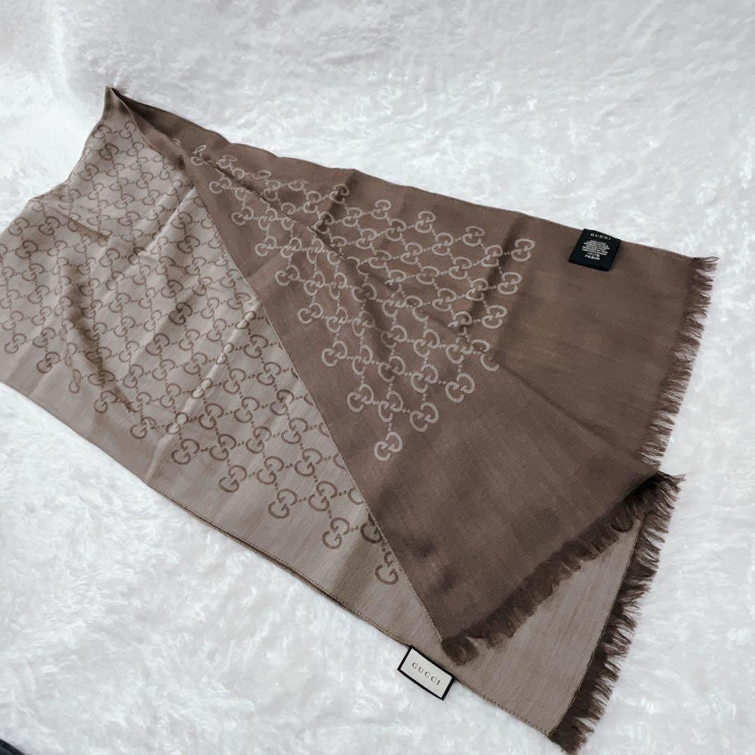 【美品】GUCCI シルク混　ストール マフラー　GG　ブラウン系