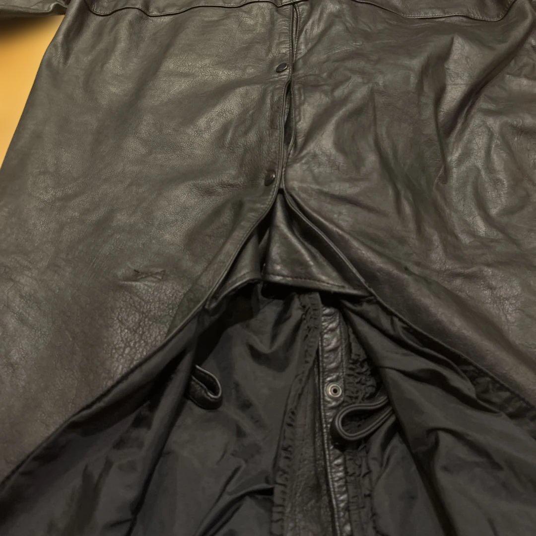 90s肉厚黒レザー モーターサイクルロングコート スタンドカラーFIRST