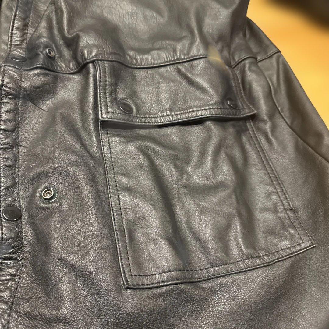 90s肉厚黒レザー モーターサイクルロングコート スタンドカラーFIRST