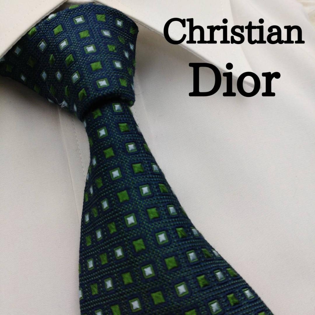 クリスチャンディオール 高級シルクネクタイ 総柄 モスグリーン
