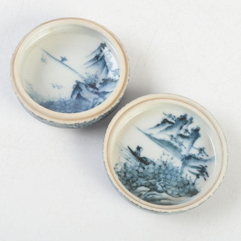 茶道具　京焼　高橋道八造　染付　山水文　香合　紫野　小田雪窓極め箱　V　9733