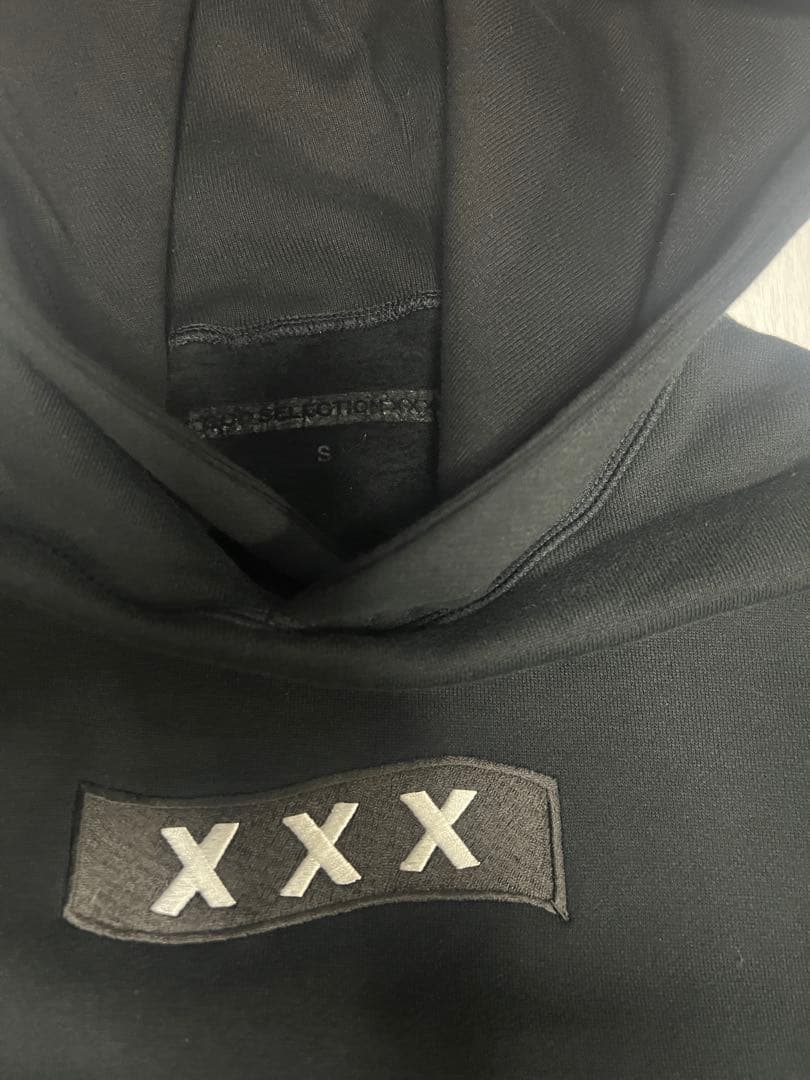 ゴッドセレクション XXX 黒 ロゴ刺繍 パーカー S裏起毛 希少 フード