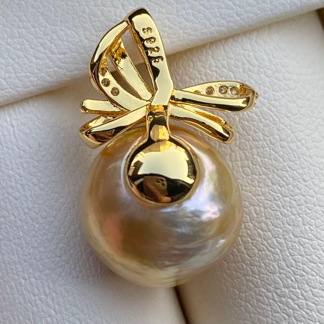 本真珠　南洋白蝶真珠ネックレストップ　大珠13.3mm茶金PT919