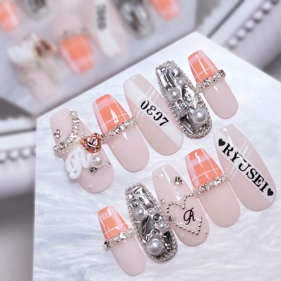 お急ぎ便A♡ ネイルチップ オレンジネイル チェック柄 シンプル 量産型 ハート