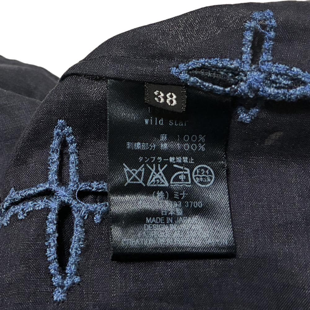 美品 ミナペルホネン wild star 刺繍 リネン 丸襟 ブラウス 38 麻