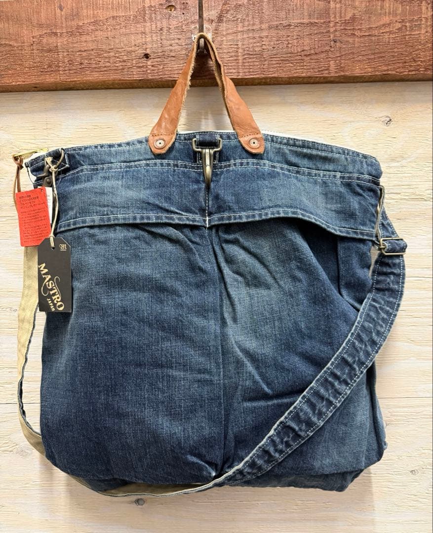 日本製　ヘルメットバッグ　岡山デニム ×本革栃木レザー2WAY ショルダー付き
