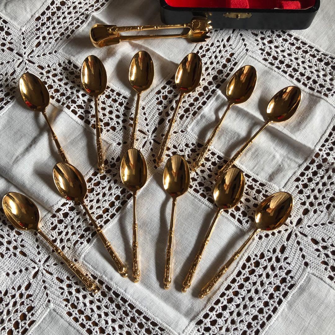 フランスアンティークケース入り24金ゴールドプレート　デミタススプーンSFAM