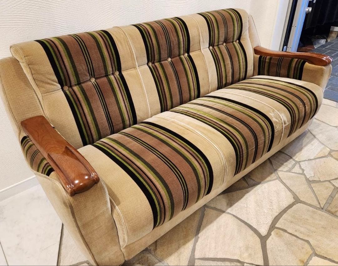 昭和レトロ　アンティーク ストライプ3pソファ モケット　ファブリック