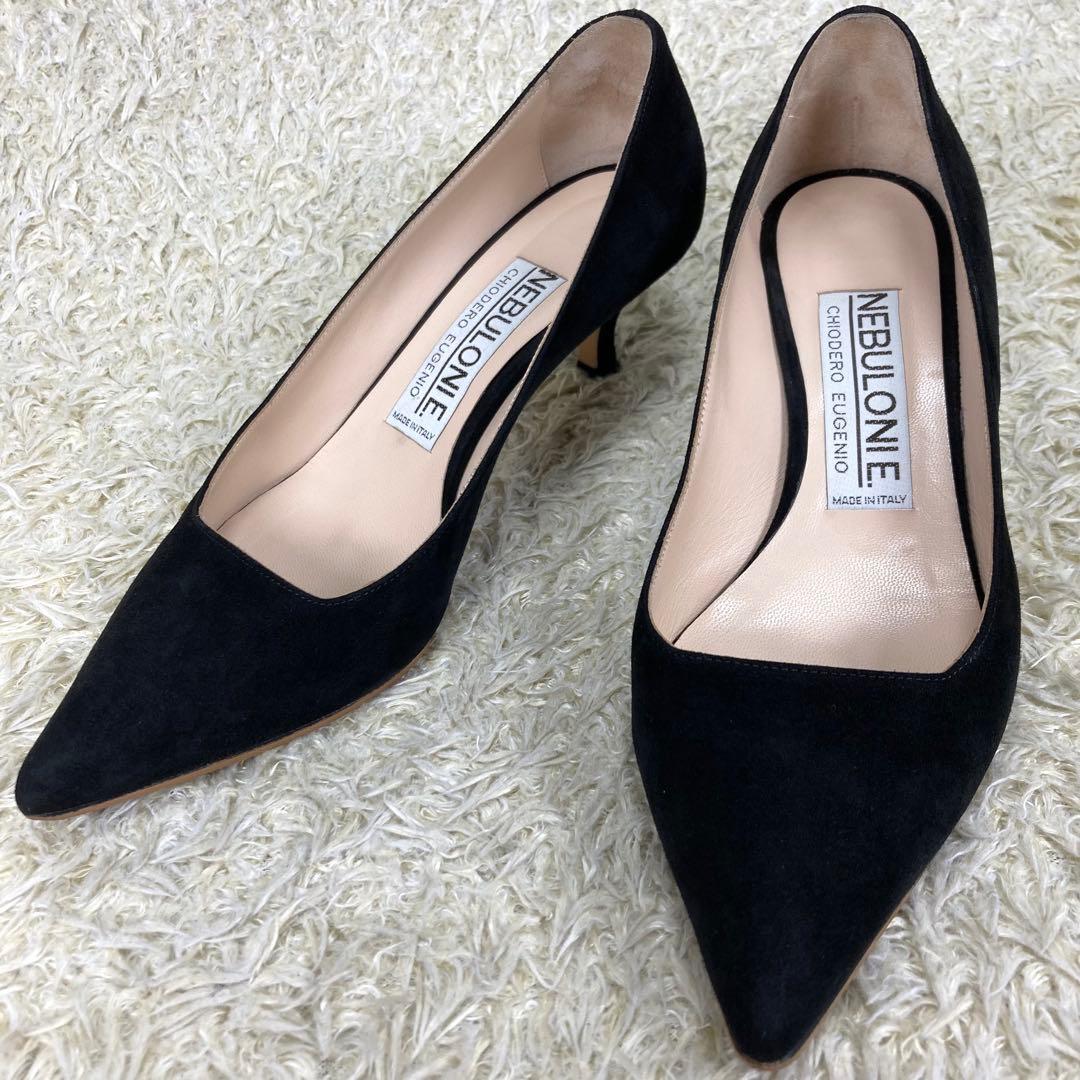 『美品』ネブローニ パンプス スエード ブラック レザー ポインテッドトゥ 黒
