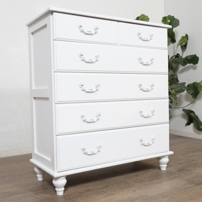 わすれなぐさ　白家具　ヨーロピアン調　チェスト　5段7杯　幅80ｃｍ