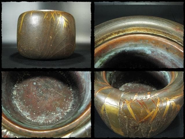 金蒔絵 桐丸 火鉢 一対 竹鳥文 スズメ 囲炉裏 茶道具 e59