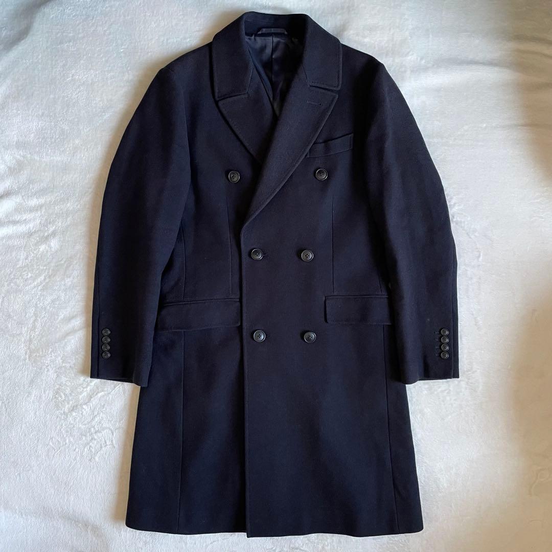 モアレス BEAMS ヘリンボーンカシミヤ混チェスターコート XL 紺