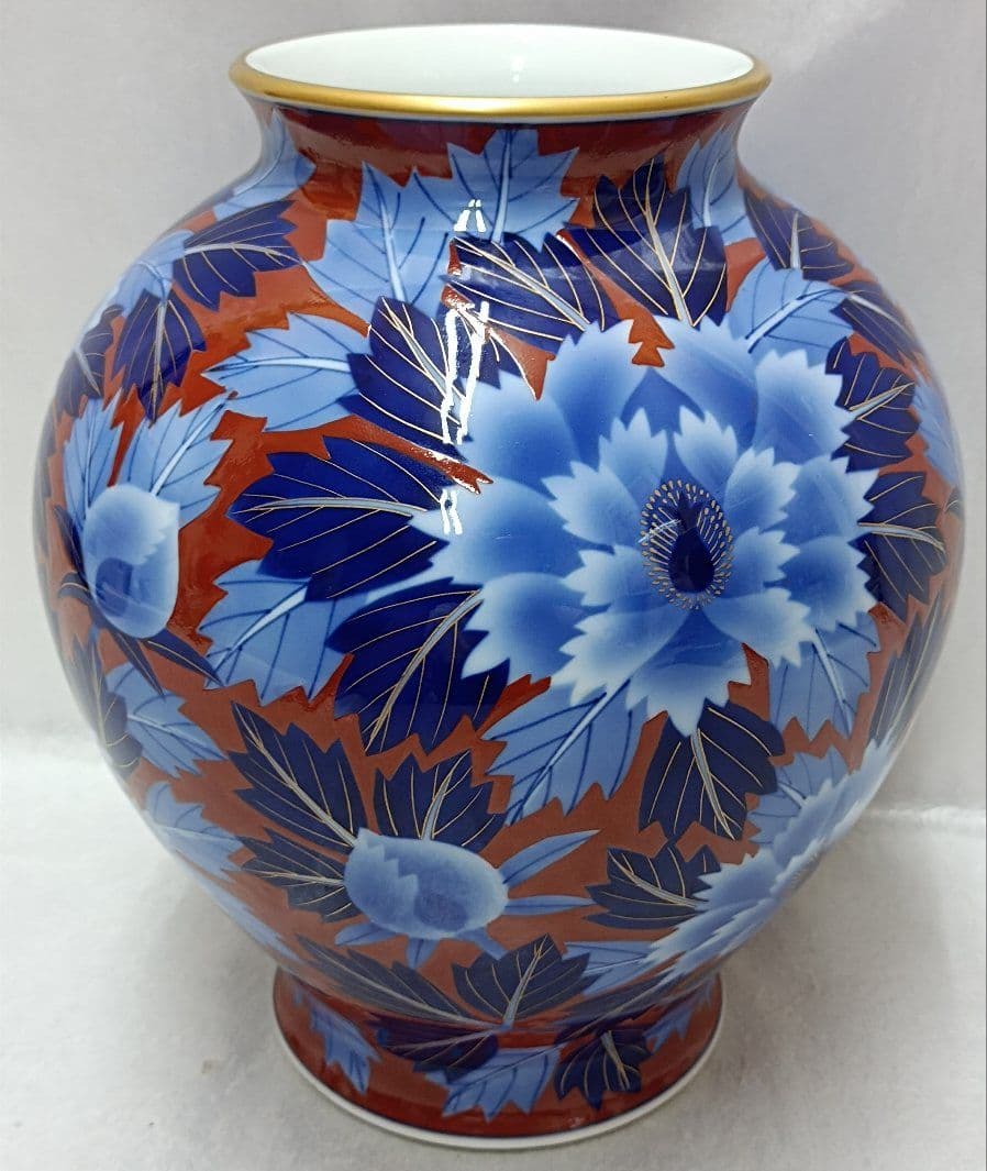 オールド香蘭社　レア陶印ロゴ金線　木蓮紋染付赤瑠璃金彩花瓶・飾り壺