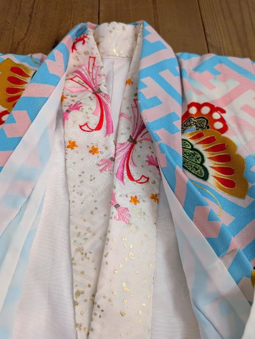 【専用】七五三　アンティーク着物　桜ピンク地水色紗綾柄/セミアンティーク産着被布