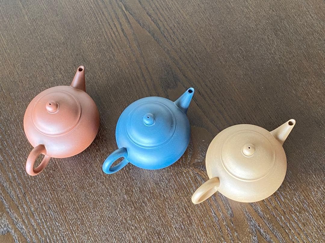 中国宜興紫砂茶壺中国古玩　希少品　周健栄作家作品　煎茶茶道具水平急須3色セット